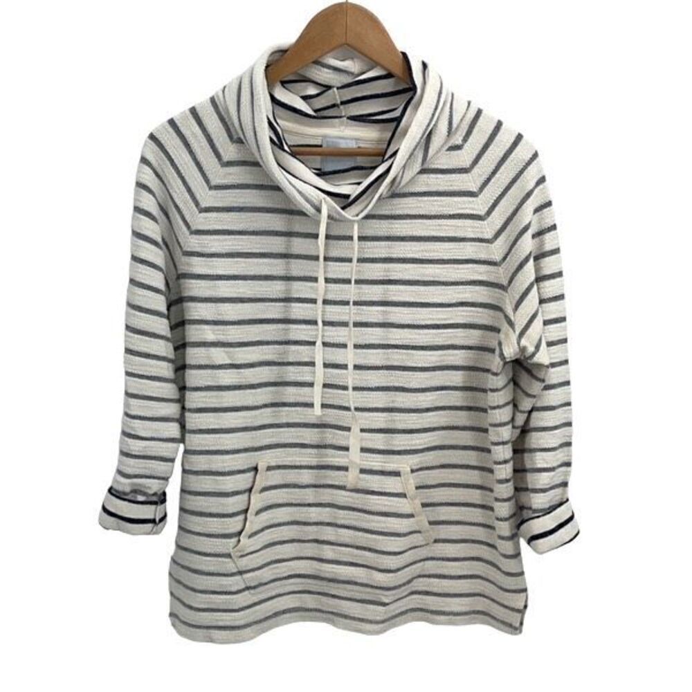 Sunday Womens Stripe Funnel Neck Raglan Textured Pullover Sweatshirt White Large